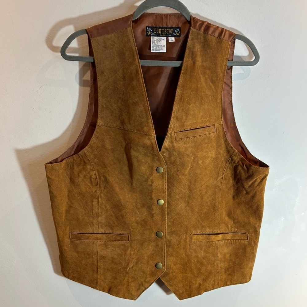 DON’T STOP Sz L Tan Suede Vest with Snap Button Closure Fabric Back Cinch Band